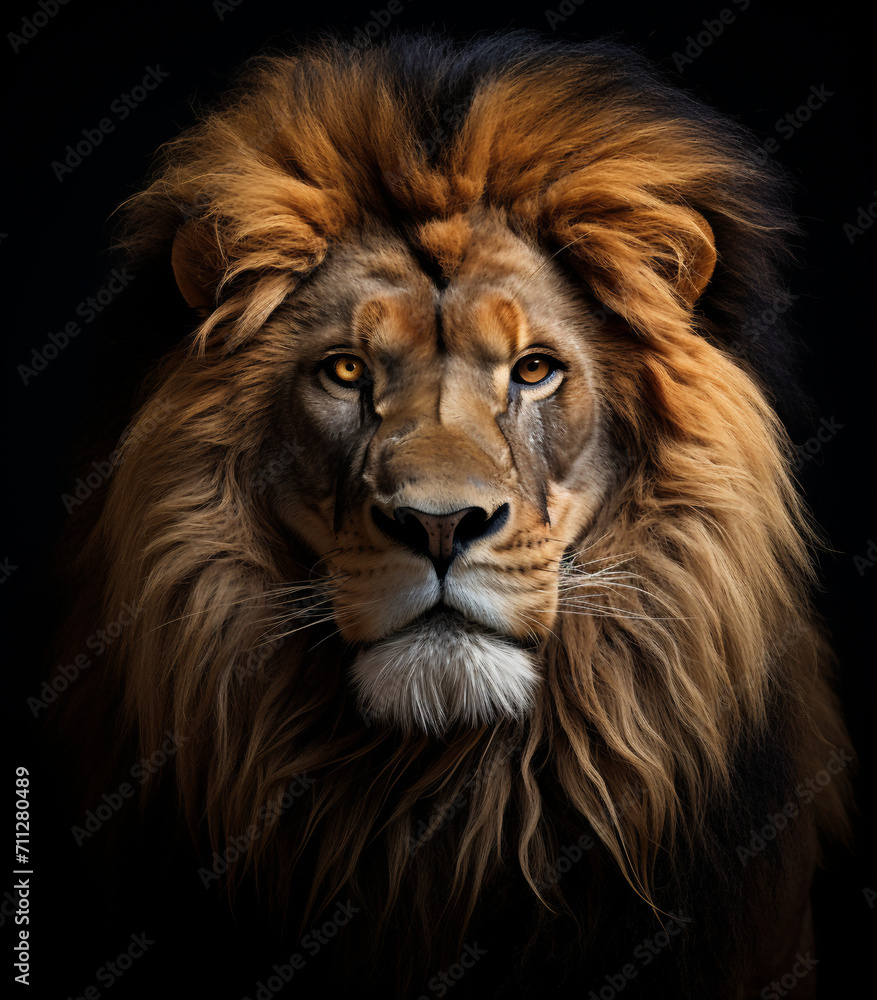 Fotografía retrato de cara de león salvaje en naturaleza con fondo negro. Depredador carnívoro en vida salvaje, sin gente.