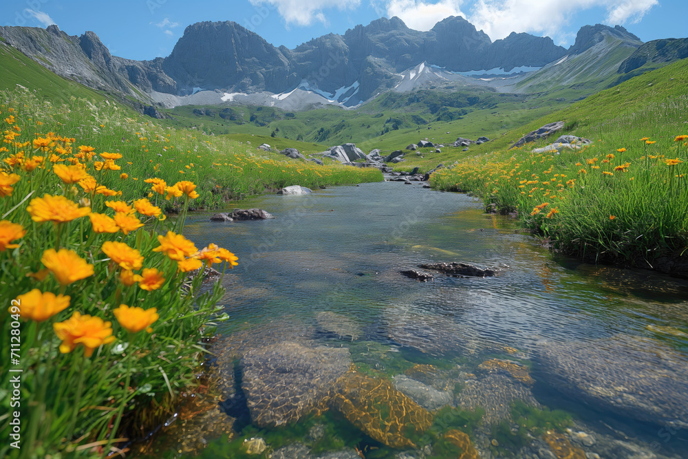 clean stream in clear water among alpine meadows in a high mountain valley