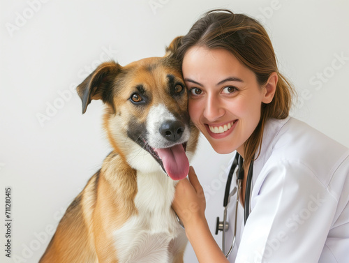 Smiling girl veterinarian and a large dog in a veterinary clinic in a friendly embrace looking into the camera on a white background.