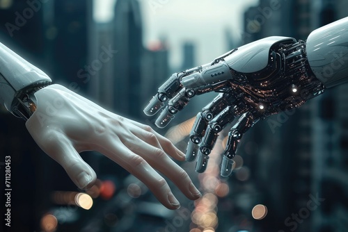 A robot hand reaches for a human hand against the background of an industrial city. Generative AI. © visoot