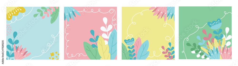 Set of backgrounds for cards with flowers. Templates with flowers. Covers with abstraction.