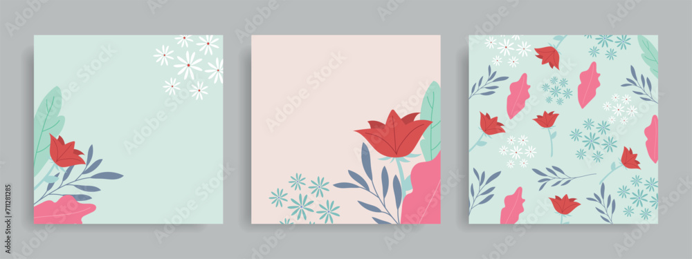 Set of floral delicate backgrounds. Covers with flowers. Templates with flowers.