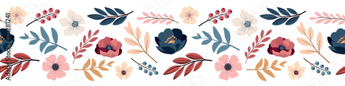 Spring romantic flowers, leaves, and berries seamless border pattern. Isolated on white background. Colorful garden flowers. Design for banner