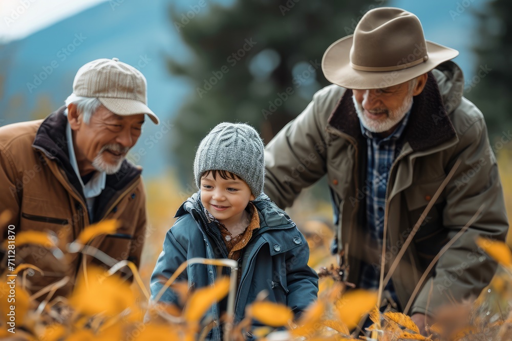 A little boy with his father and grandfather in nature. Generative AI.