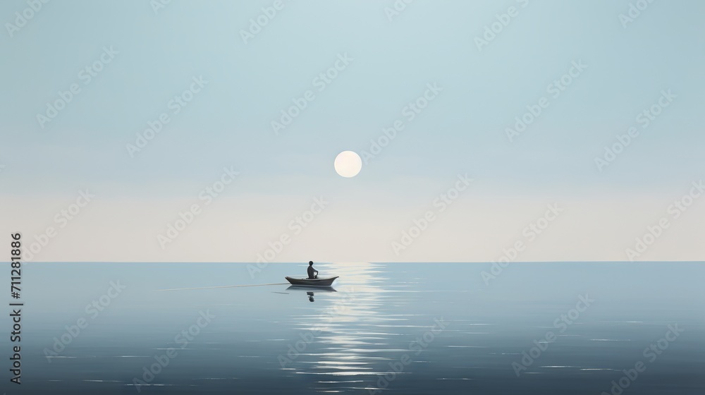 Minimalist artwork of a man in a boat on a calm lake at twilight