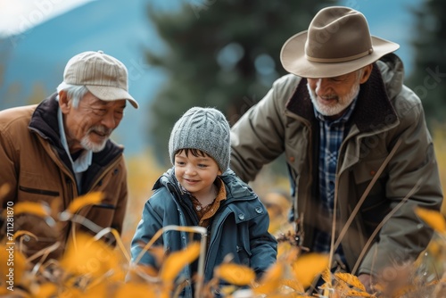 A little boy with his father and grandfather in nature. Generative AI.