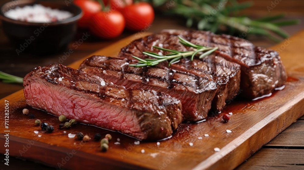Steak cut into pieces on a wooden table. Generative AI. Steak cut into pieces on a wooden table. Generative AI.