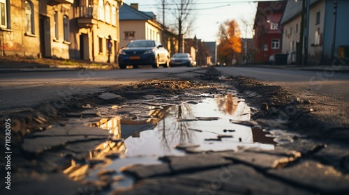Crumbling infrastructure: urban decay and deteriorating roads with potholes in the heart of the city photo