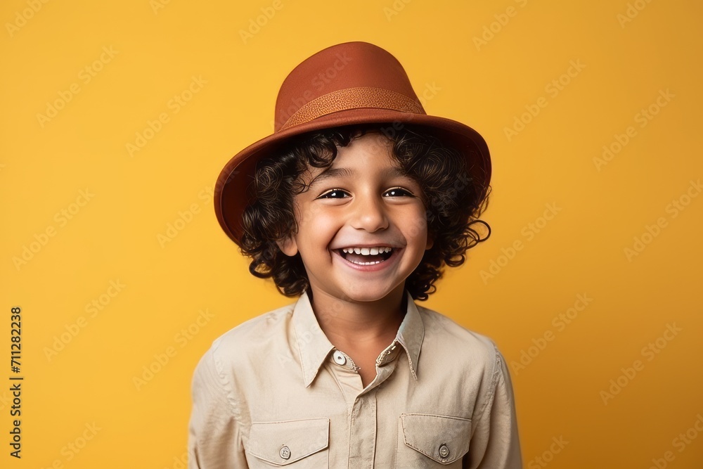 Portrait of a cute little boy in hat smiling at camera over yellow background Portrait of a cute little boy in hat smiling at camera over yellow background