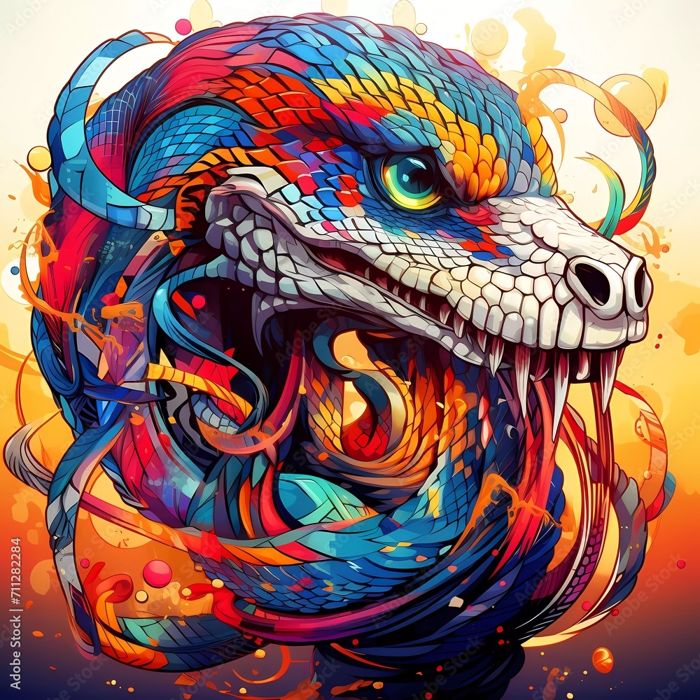 Abstract snake head close up with tangled doodle elements. Full color illustrations. generative ai Abstract snake head close up with tangled doodle elements. Full color illustrations. generative ai