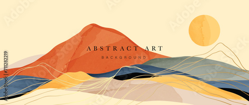 Abstract mountain and golden line arts background vector. Watercolor oriental style, landscape, hills, sun with gold, lines texture. Wall art design for home decor, wallpaper, prints.