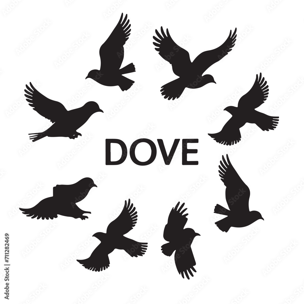 Peace Dove 9, Flying Bird, Black Silhouette, set of birds birds Vector Illustration isolated on white backgroun Peace Dove 9, Flying Bird, Black Silhouette, set of birds birds Vector Illustration isolated on white backgroun