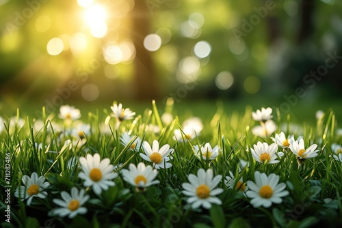 Green grass and spring flowers on a blurred background. Generative AI. © visoot
