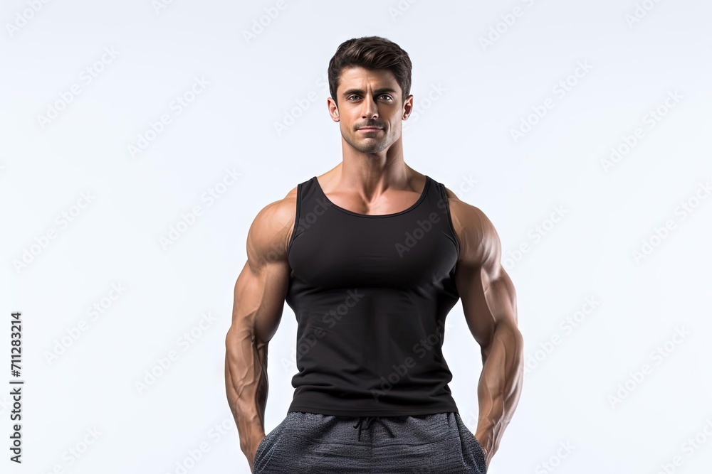 Fototapeta premium Muscular Man Black Tank Top Posing - Fitness, Full Body Photo