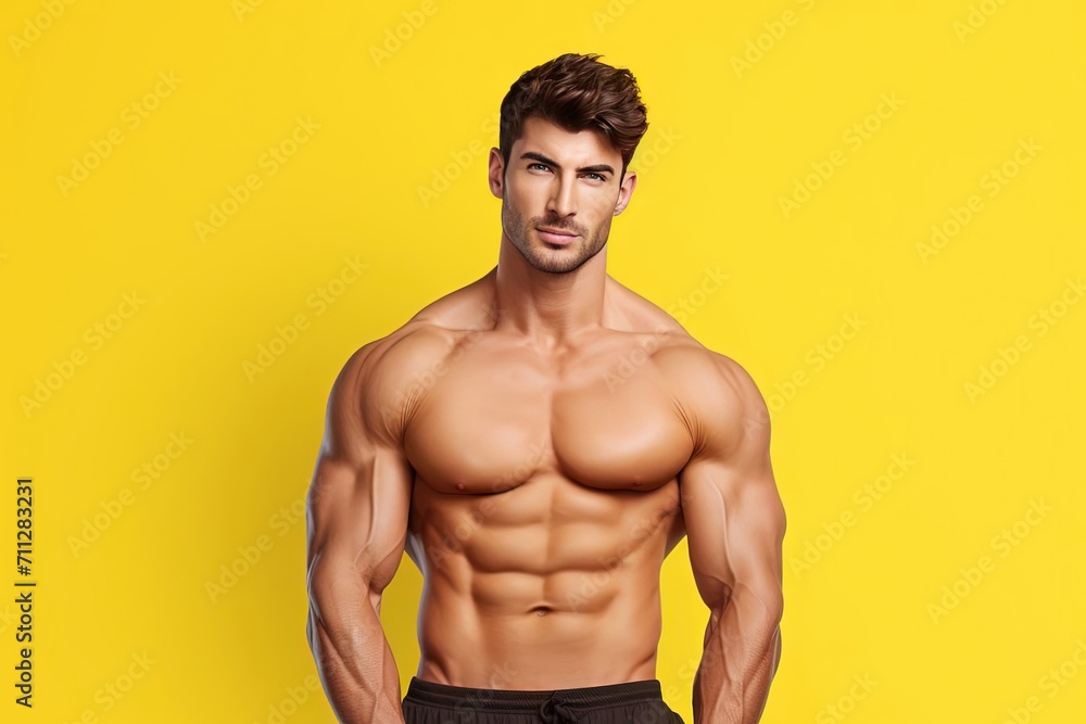 Fototapeta premium Shirtless Muscular Man on Yellow Background - Fitness Model, Big Muscle, Gym Banner, Training Vibes 