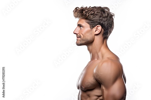 Handsome Shirtless Fitness Model: Side View Profile, Great Hairstyle | Gym Banner