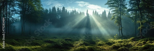 A wide panorama of the forest through the morning fog in the spring. Generative AI.