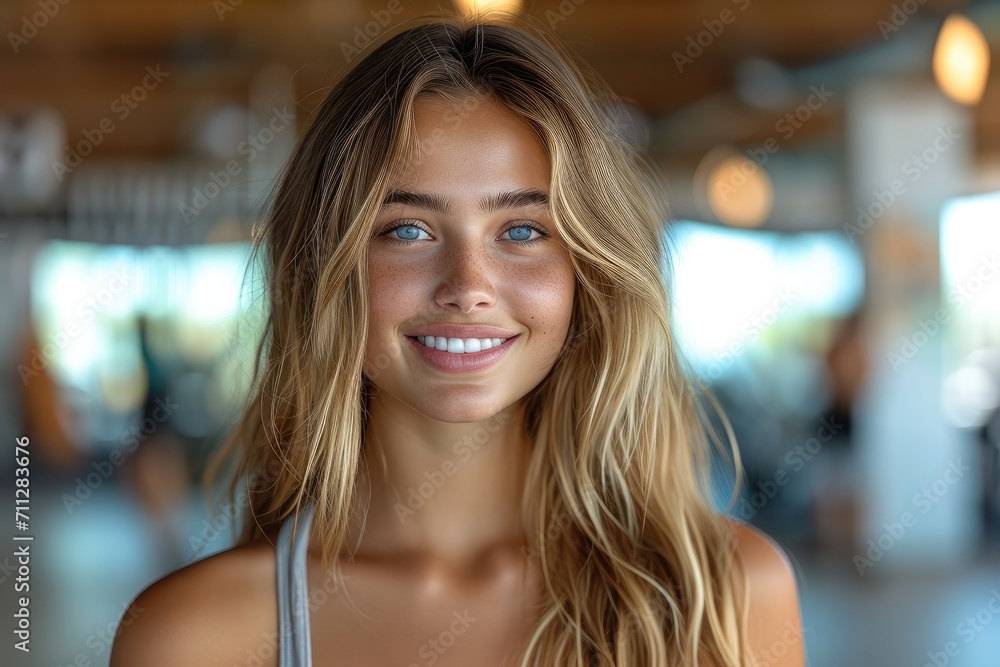 Cheerful smiling girl in the gym. Generative AI. Cheerful smiling girl in the gym. Generative AI.