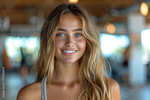 Cheerful smiling girl in the gym. Generative AI.