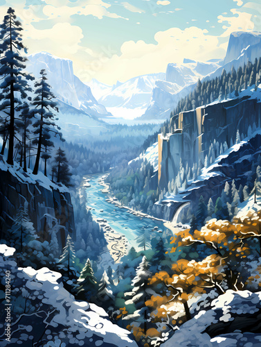 Yosemite National Park, A River Running Through A Snowy Valley