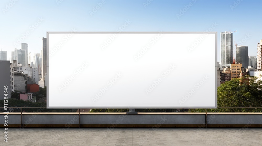 Blank white billboard on metal fence with skyscrapers and blue sky in the background Blank white billboard on metal fence with skyscrapers and blue sky in the background