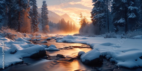 Winter meadow with snow-covered trees and a stream near a rock in the fog at sunrise. Generative AI. © visoot
