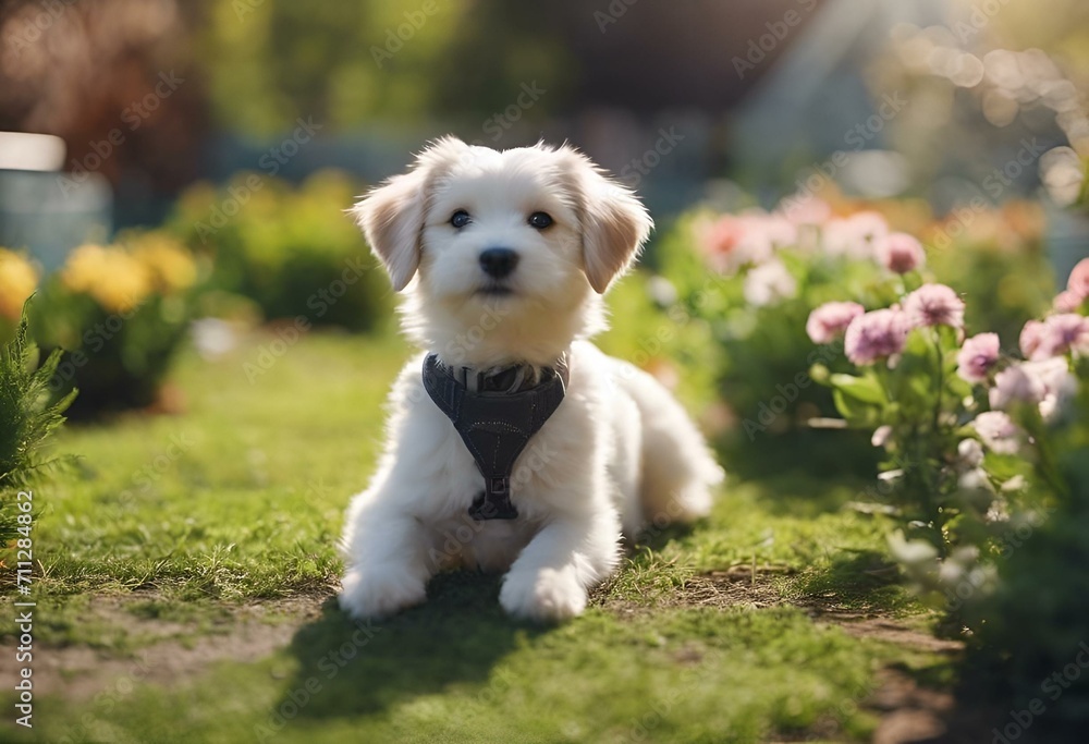 AI generated illustration of a charming canine  resting peacefully amidst a vibrant bed of flowers