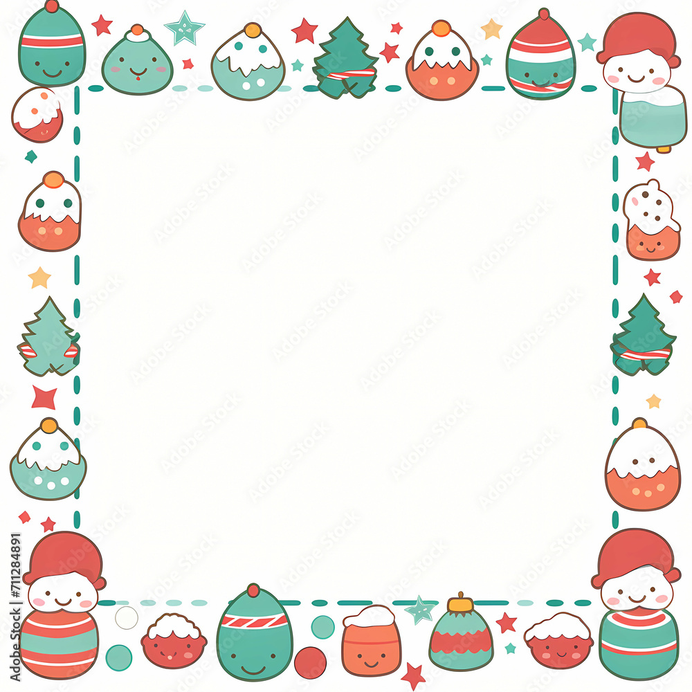 Christmas Kawaii Style Border, A Square Frame With Cartoon Characters Christmas Kawaii Style Border, A Square Frame With Cartoon Characters