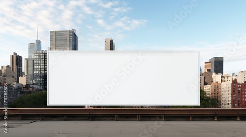 Blank white billboard on metal fence with skyscrapers and blue sky in the background