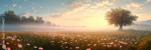 Wide panorama of a meadow with spring flowers in the morning fog. Generative AI. photo