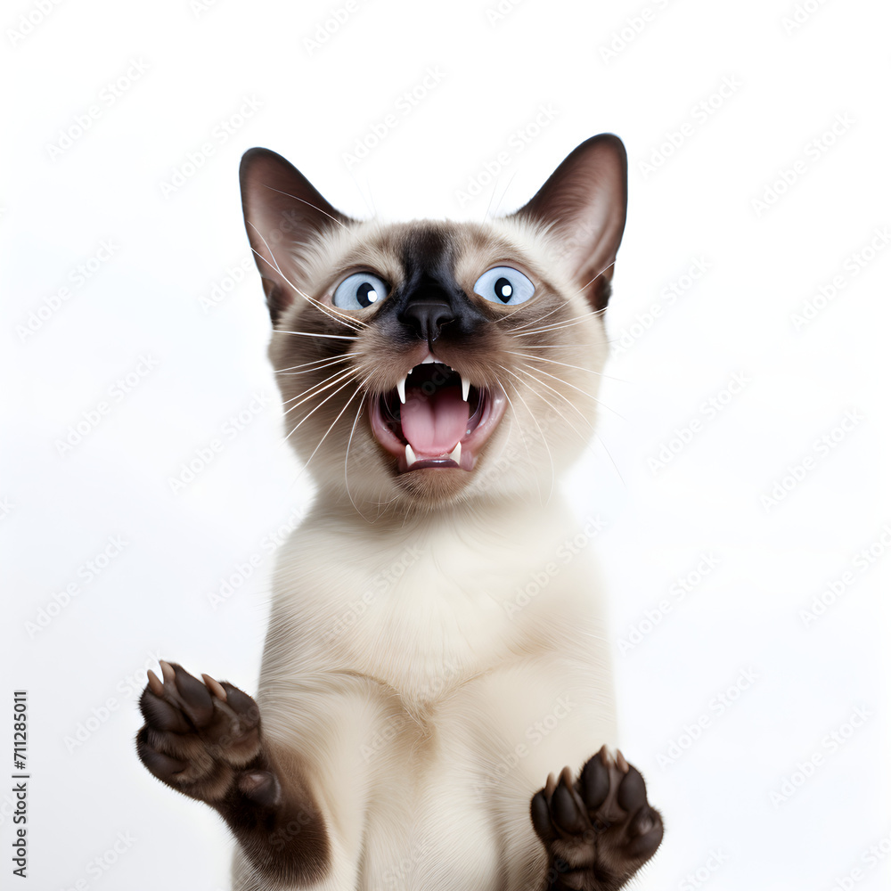  siamese cat making funny face with mouth open on white background 
