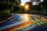 A depiction of an outdoor mosaic installation, blending art with the natural environment.