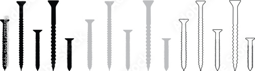 Set of Screw shape silhouette icons. Hardware symbols vectors images in trendy Flat styles editable stock isolated on transparent background. Designs elements for label, emblems, banners and posters.