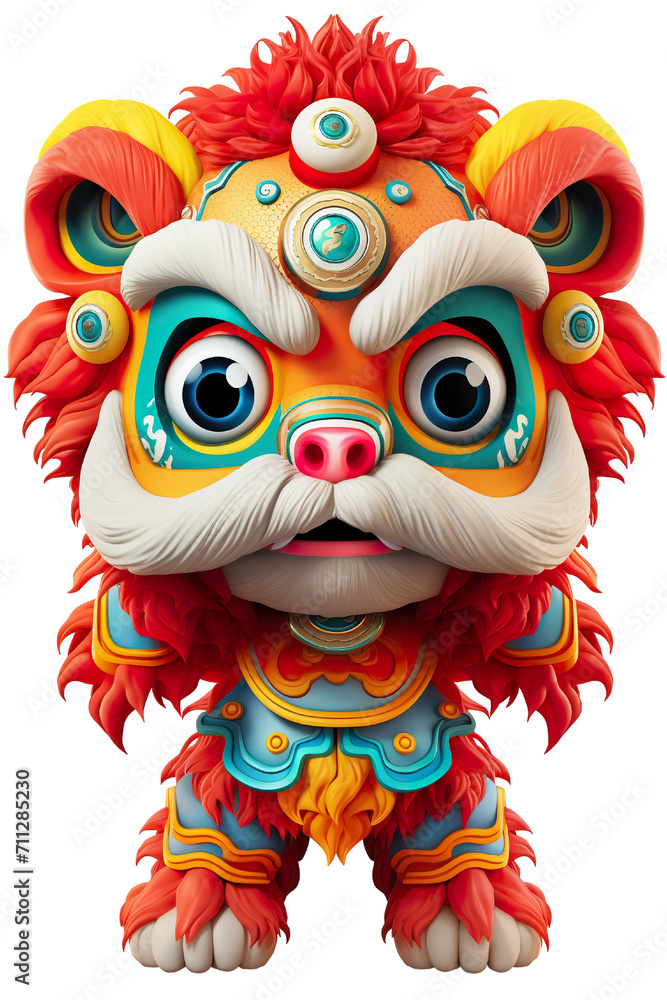 Fototapeta premium Cute colorful lion dance lunar new year white background, 3d cartoon style, strong color contrast isolated PNG