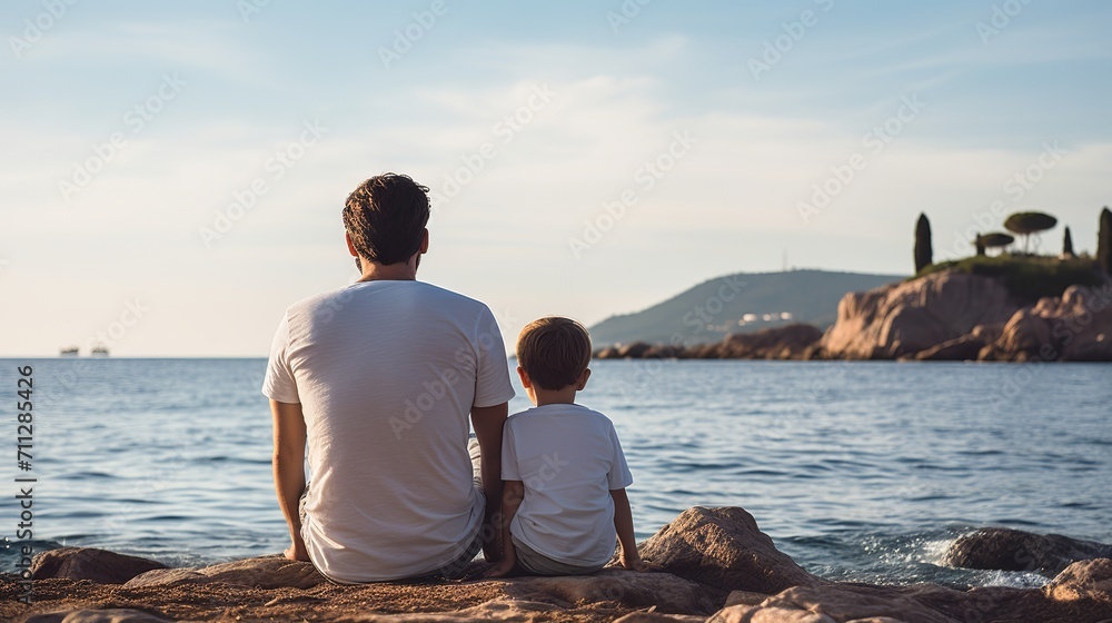 Young father and son in white t-shirts enjoying the seaside view. Back view. Blank t-shirts for design mockup.