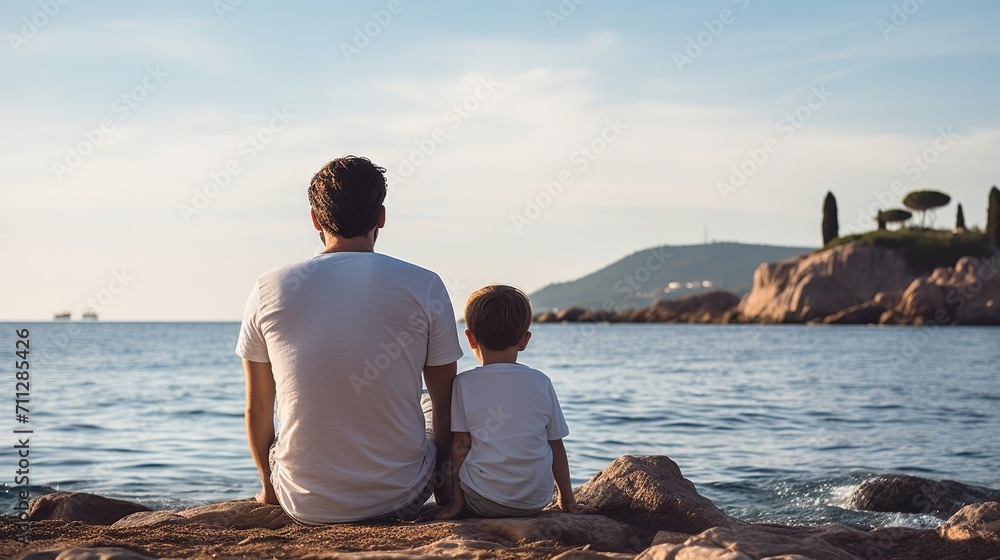 Fototapeta premium Young father and son in white t-shirts enjoying the seaside view. Back view. Blank t-shirts for design mockup.