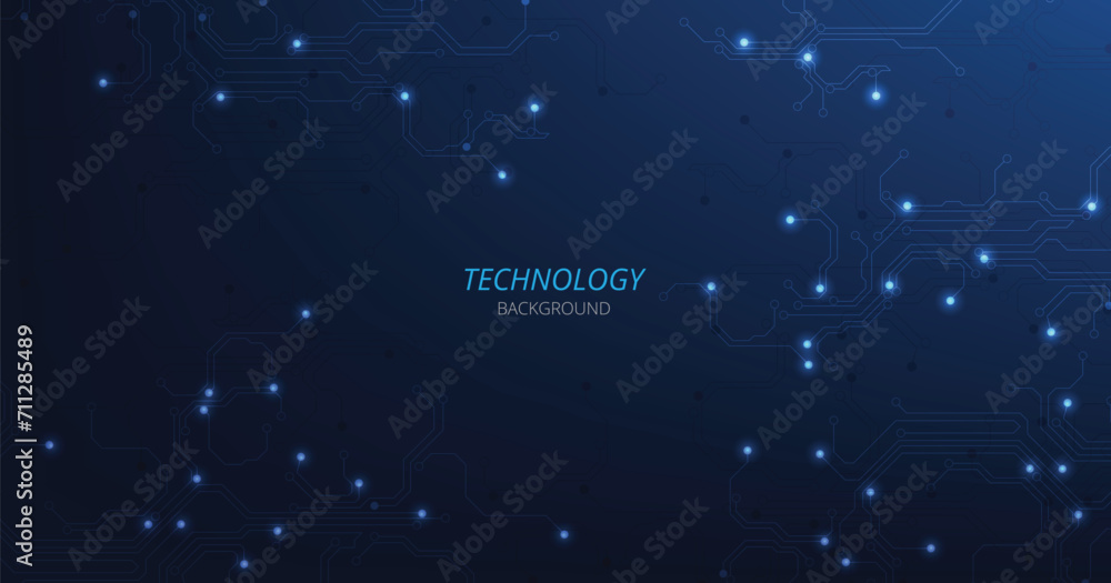 Circuit board dark blue technology background. Vector abstract technology illustration Circuit board on dark blue background. High-tech circuit board connection system concept. - obrazy, fototapety, plakaty 