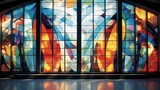 An illustration of a contemporary stained glass piece in a modern architectural setting.