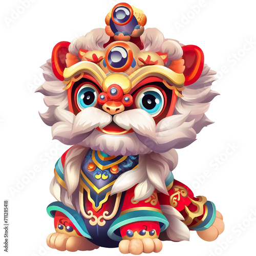 Cute colorful lion dance lunar new year white background, 3d cartoon style, strong color contrast isolated PNG