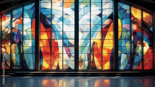 An illustration of a contemporary stained glass piece in a modern architectural setting. photo