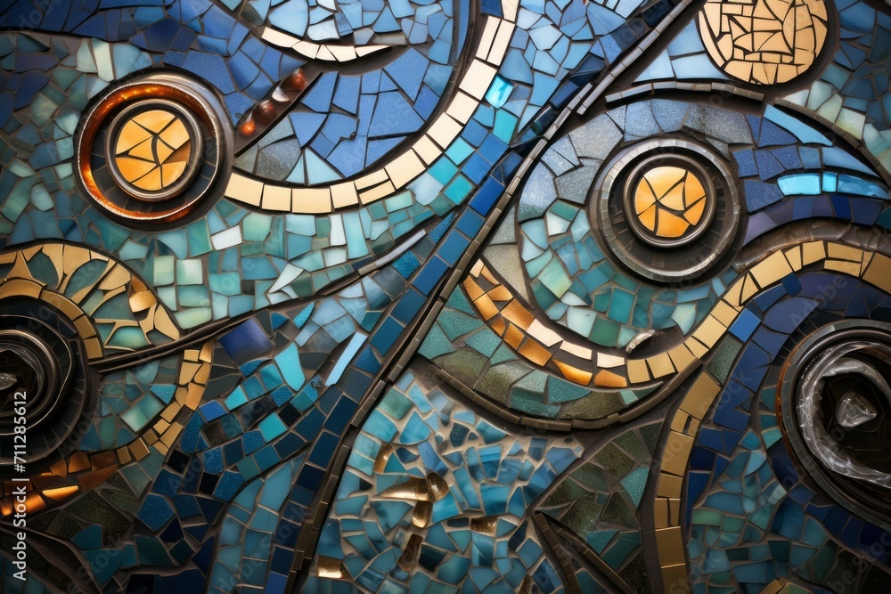 An artistic interpretation of a mosaic made from glass, stone, and ceramic, reflecting cultural motifs.