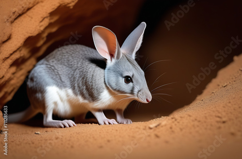 Greater bilby sits near its hole under the sand dune. Australian macrotis with grey and white body, long muzzle and big ears portrait. Ai generated photography. photo