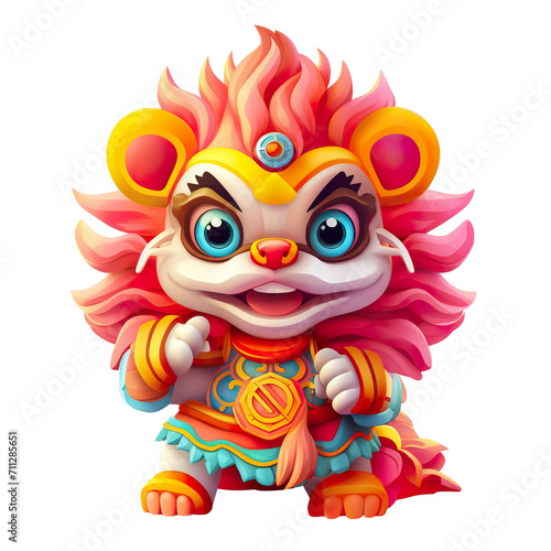 Cute colorful lion dance lunar new year white background  3d cartoon style  strong color contrast isolated PNG