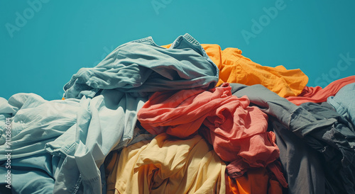 Clothes, fabric and clean laundry background for laundromat business, service or fabric softener. Colourful, pile or dirty clothing backdrop for mockup, product design or eco friendly cleaning photo