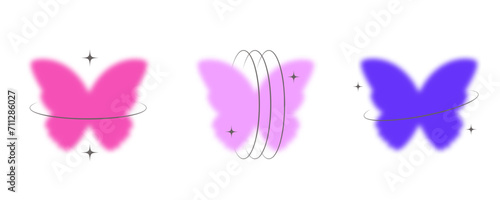 Y2k blurred butterfly. Gradient sticker element. Aesthetic groovy soft figure with glow. Aura trendy effect with orbits and sparkles on white background