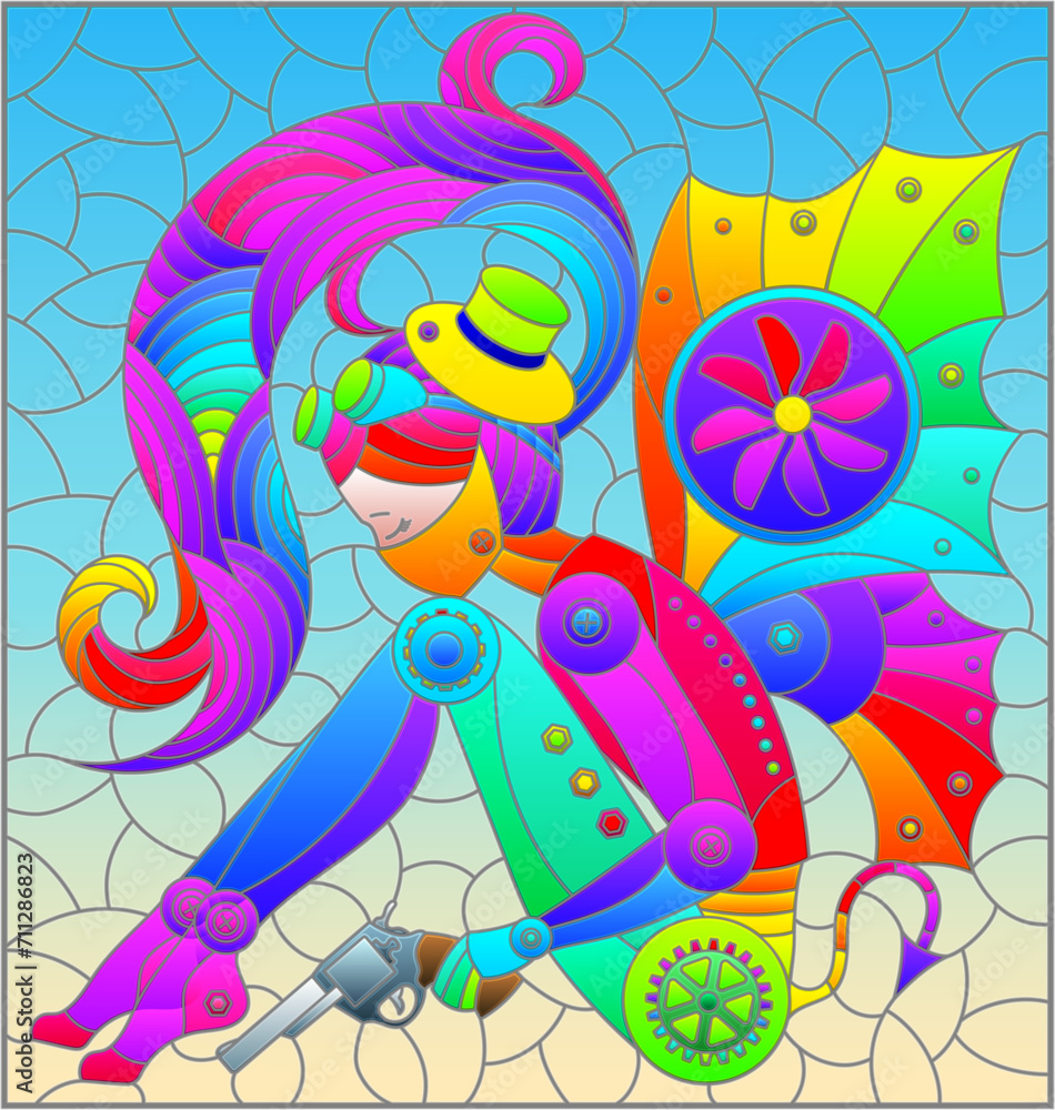 Fototapeta premium A stained glass illustration with a steampunk girl on a blue background