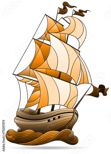 Illustration in the style of a stained glass window with a sailing ship, isolated on a white background, tone brown