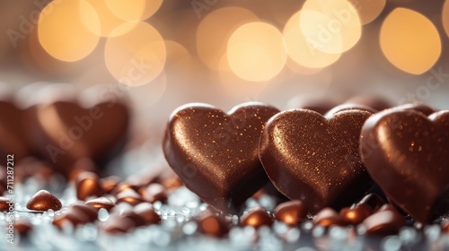 Festive background with chocolate hearts, Light. Generative AI.