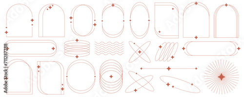 Aesthetic frame shape. Outline minimal graphic elements with stars. Abstract boho arches with sparkles. Trendy geometric templates set for poster and story. Vector illustration