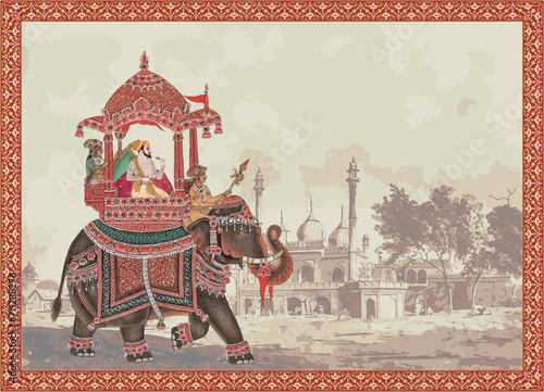 Mughal Emperor riding elephant decorative vector illustration frame